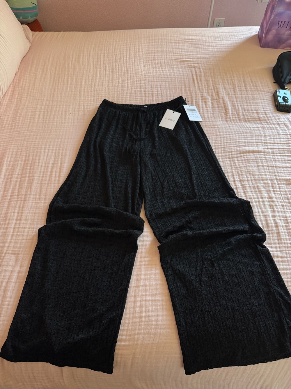 Black Wide Lace Leg Pull-On Pants See Through But Has Shorts Underneath